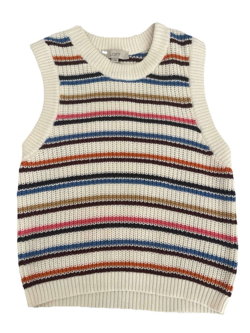 LOFT Striped Knit Sweater Vest Cream Blue Orange Pink Chunky Knit Boho Medium